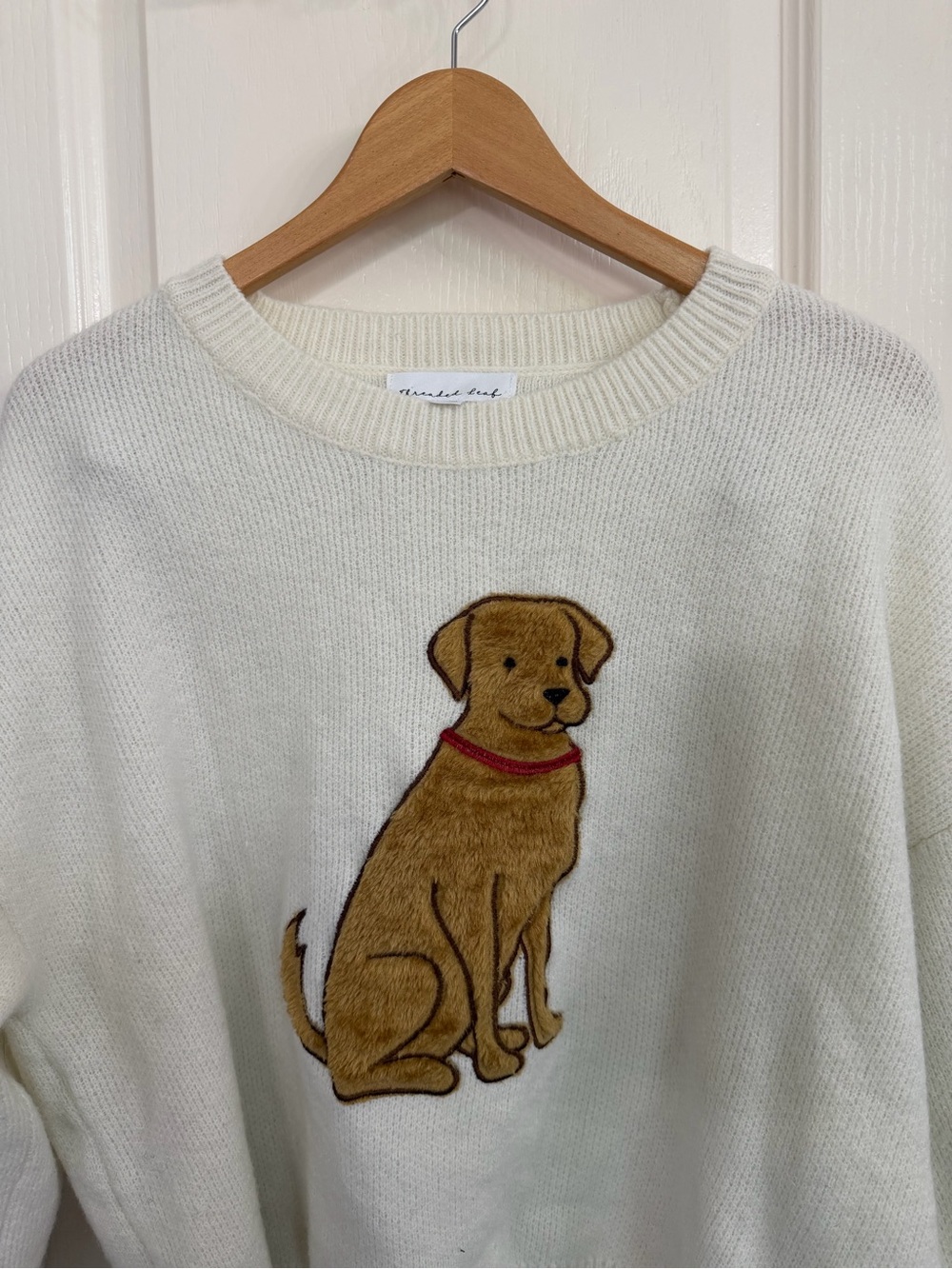 Threaded Leaf Cream Sweater with Embroidered  Dog